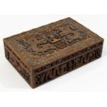 A 20thC Chinese design hardwood box, the rectangular lid heavily carved with dragons, oriental