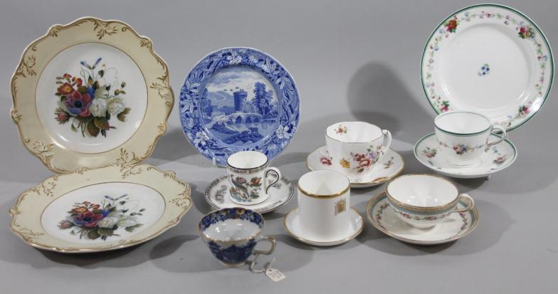 Sundry china cabinet cups, Derby Posies tea cup and saucers, 15cm wide, 19thC Spode Ruins pattern,