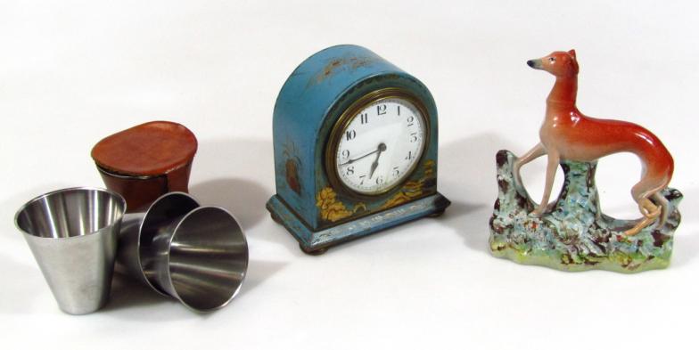 An early 20th Japanned mantel clock, with 8cm diameter dial, decorated with flowers on a turquoise