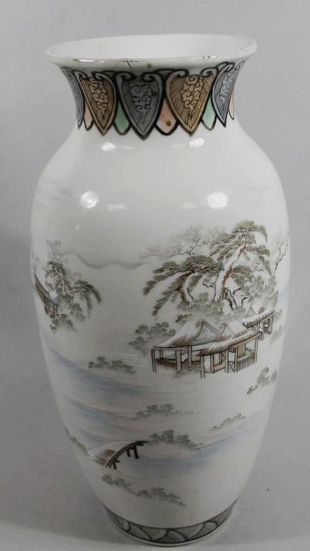 A Meiji period Japanese porcelain vase, of shouldered form with compressed trumpet stem,