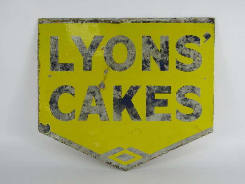 A Lyons' Cakes yellow and blue enamel sign, 38cm x 44.5cm.