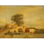 18thC British School. Cattle and water's edge, oil on board, 19cm x 24cm