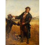 Robert Sanderson (1848-1908). Country gentleman with dog exchanging hats with a scarecrow, oil on