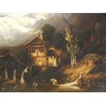 18thC British School. Watermill in landscape with figures, washing, oil on canvas, 44cm x 59.5cm