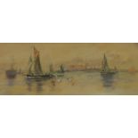 19thC British School. Fishing vessels in estuary, watercolour, 19.5cm x 50cm, and a pair of