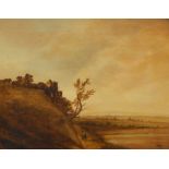 19thC British School. Landscape with castle ruins, figures and sailing boat, oil on canvas, 49.5cm x