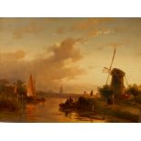 Charles Henri Joseph Leickert (1818-1907). Canal scene with windmills, oil on panel, signed, 13cm