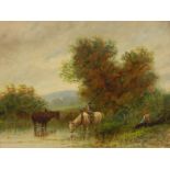 19thC School. Figures in a mill pond, one on horseback before trees and mountains with clouds