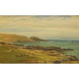 19thC British School. Coastal landscape with figures and sheep, oil on board, 24cm x 39.5cm