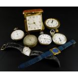 A quantity of pocket watches, comprising a pocket barometer, travel clock, military silver plated