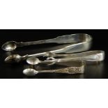Three pairs of silver sugar tongs, one of plain form, by John Lias, the other with three claw
