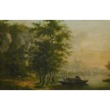 18thC Dutch School. Landscape with figures loading a barge, oil on panel, 29.5cm x 39.5cm Label