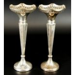 A pair of George V silver fluted stem vases, with pierced borders, and hexagonal shaped stem,