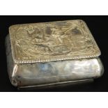 A Victorian silver trinket box, with embossed decoration of man playing guitar, with reeded