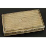 A William IV silver snuff box, with engine turned design, central rectangular cartouche, bearing