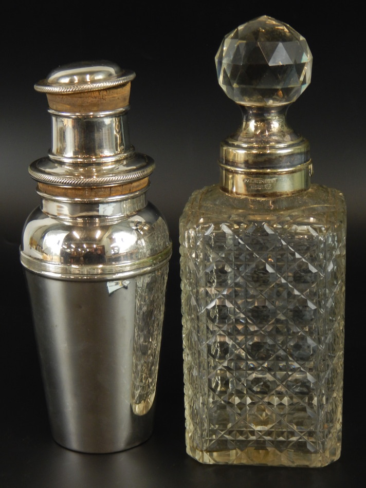 Two silver plated items, to include a cut glass and silver plated decanter, the square cut glass