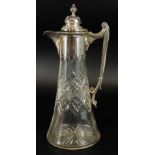 A cut glass and silver plated claret jug, the hinged lid of stepped form with a baluster finial,