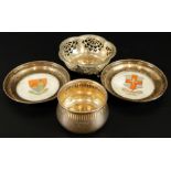 Four silver trinket items, comprising two crested ware pin dishes for Lincoln & Scarborough with