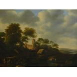 18thC Continental School. River landscape with castle, and figure and horses, oil on canvas, 49.