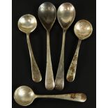 Five various silver mustard and salt spoons. (M)