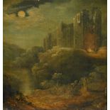 19thC Continental School. Castle in landscape under moonlight, oil on panel 27cm x 23cm (M)