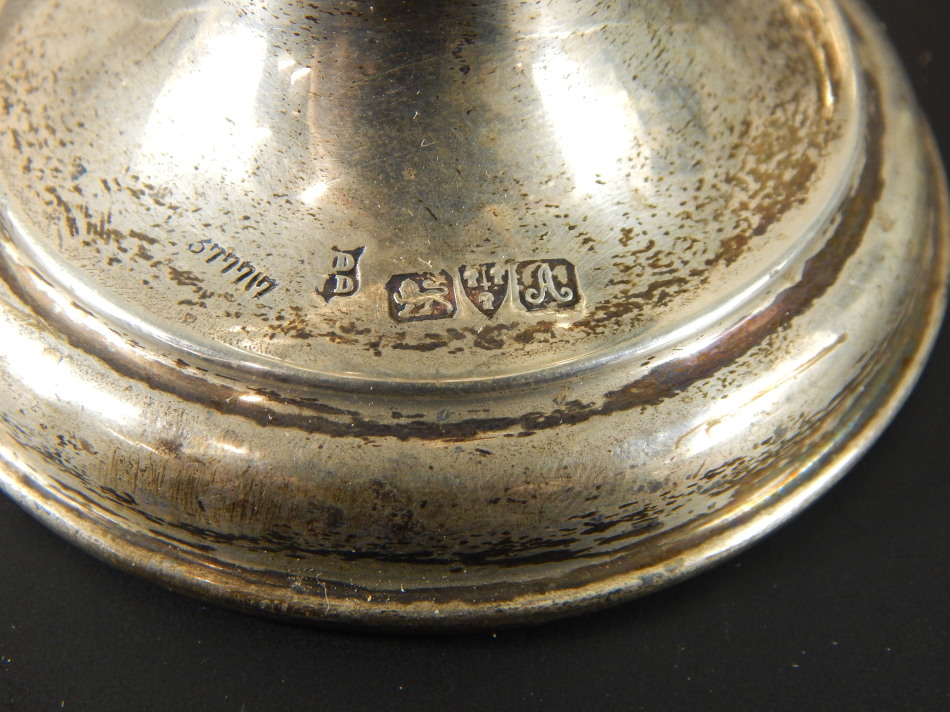 A pair of Edwardian silver specimen vases, with pierced floral design, with blue glass liners, and - Image 2 of 2