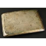 An Egyptian white metal cigarette case, with engraved decoration of figures, symbols and flowers,