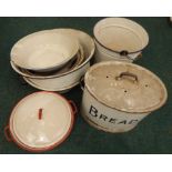 An enamel bread bin and various white enamel items (M)