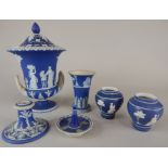 A Wedgwood blue Jasperware urn shaped pot pourri, decorated with Neo-Classical figures, impressed