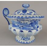 A large 19thC opaque china India pattern vase, printed with scenes in blue, 33cm wide (AF) (M)