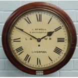 A late 19th/early 20thC mahogany railway wall clock, the white enamel dial painted J Sewell, 6 South