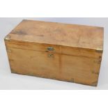 A 19thC camphorwood military campaign type chest, with brass corners, sunken handles, lacking