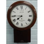 A late 19thC oak and pine railway drop dial wall clock, the white dial painted for L.M.S. by Joyce