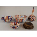 A collection of Japanese Imari items, to include a bowl, bottle shaped vase, etc., the bowl 24cm