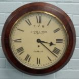A 19thC mahogany railway wall clock, the white dial painted with the initials T.V.R, the name J