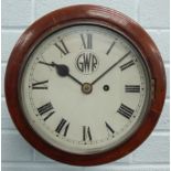 A late 19thC/early 20thC mahogany railway wall clock, the white dial painted for the Great Western