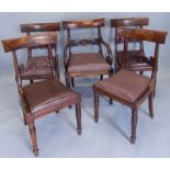 A set of five William IV mahogany dining chairs, each with a plain bar back, acanthus carved rail