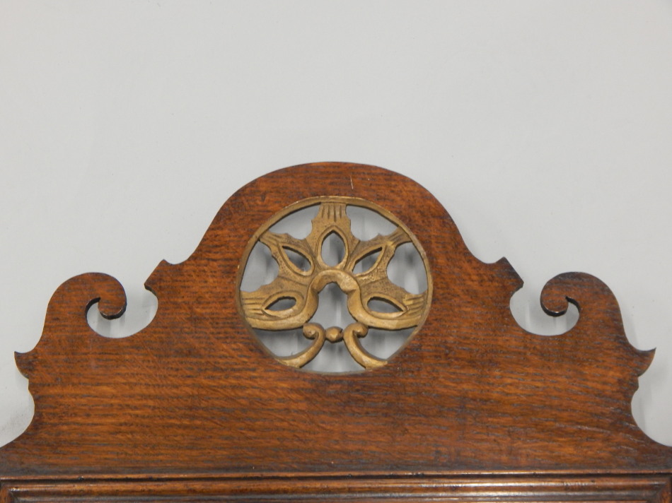 An oak fret frame wall mirror, in George III style, the shaped crest with a pierced parcel gilt - Image 2 of 2