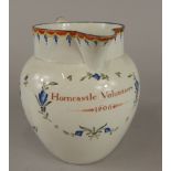 A rare Pearlware jug, decorated to the front Horncastle Volunteers 1806 within flower sprays, 16cm