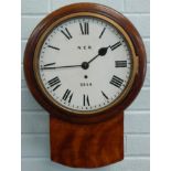 A late 19thC mahogany drop dial railway wall clock, the white dial painted N.E.R., 5514, brass fusee