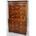 An early 19thC mahogany and pine chest on chest, the top with a moulded cornice above an arrangement