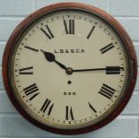 A late 19th/early 20thC mahogany railway wall clock, the white dial signed L.B. & S.C.R., numbered