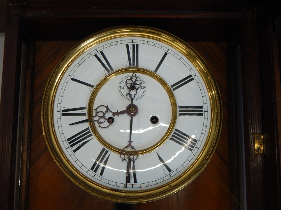 A late 19th/early 20thC Vienna walnut wall clock, with enamel type dial, shaped crest, bearing - Image 2 of 3