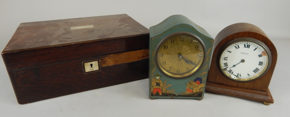 A collection of late 19th/early 20thC items, to include a mantel timepiece, the dial stamped