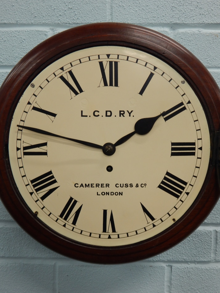 A late 19th/early 20thC railway wall clock, the white dial painted with initials L.C.D.R.Y., Camerer - Bild 2 aus 3