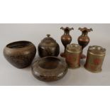 Miscellaneous brass, Indian brass and enamel objects, to include a jar and cover, vases, ashtrays