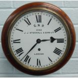 A late 19thC mahogany railway wall clock, the white dial painted with the initials GNR, J.J.