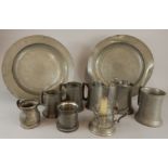 Two similar 18thC pewter chargers, various tankards etc. (AF) (M)