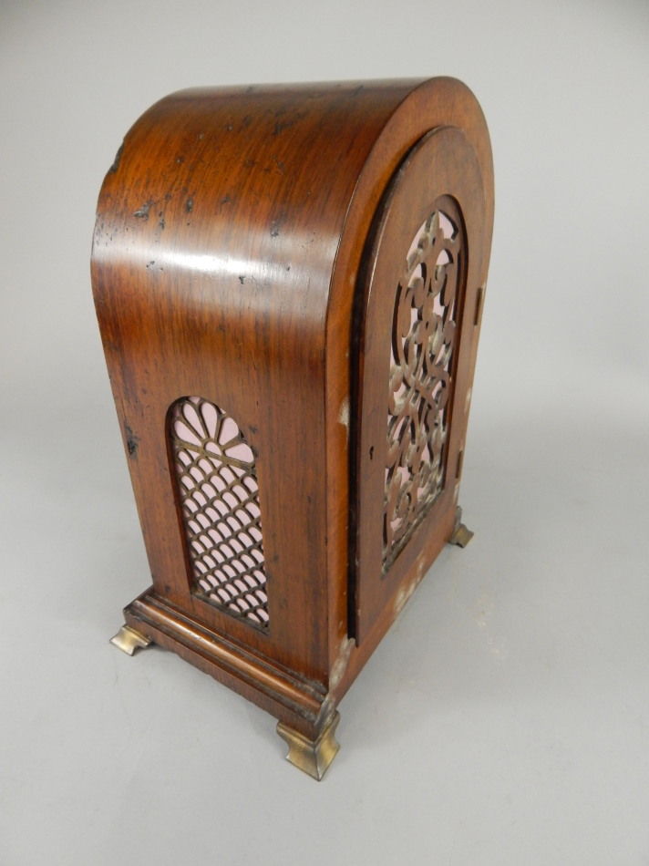 A late 19th/early 20thC mahogany and brass mantel clock, the silvered dial stamped K Maker, with - Image 2 of 3