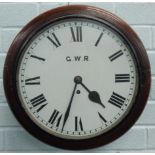 A late 19thC/early 20thC mahogany railway wall clock, the dial signed G.W.R., the case with plaque